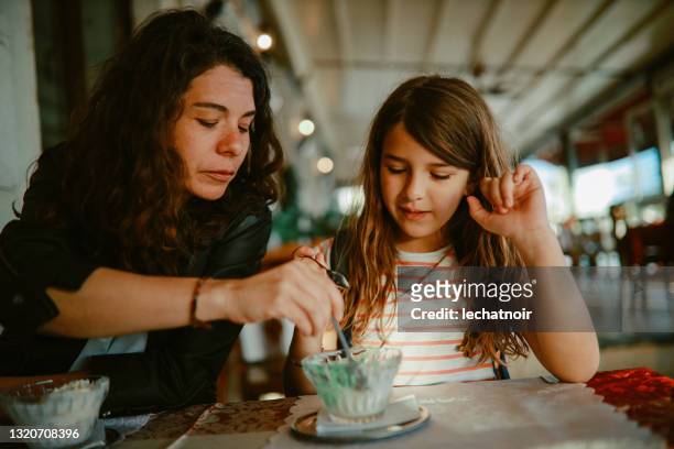 mom and daughter in istria, croatia, having an ice cream - vintage mother and child stock pictures, royalty-free photos & images