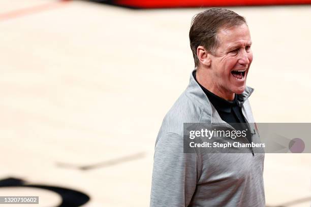 Head coach Terry Stotts of the Portland Trail Blazers reacts in the third quarter against the Denver Nuggets during Round 1, Game 4 of the 2021 NBA...