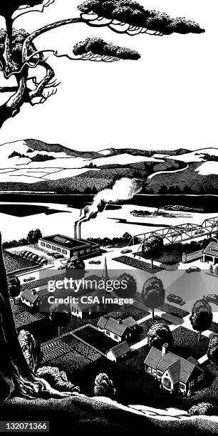 stockillustraties, clipart, cartoons en iconen met view of landscape from hill - landscape black and white