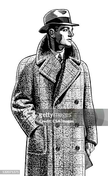 man wearing overcoat and hat - overcoat stock illustrations