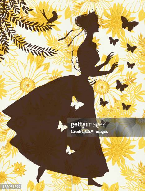 silhouette of woman on floral background - cinderella stock illustrations