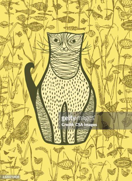 illustrazioni stock, clip art, cartoni animati e icone di tendenza di marrone gatto e pesci, uccelli - cat food