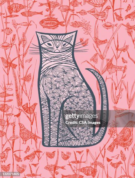 illustrazioni stock, clip art, cartoni animati e icone di tendenza di rosa pesci, uccelli, gatto - cat food