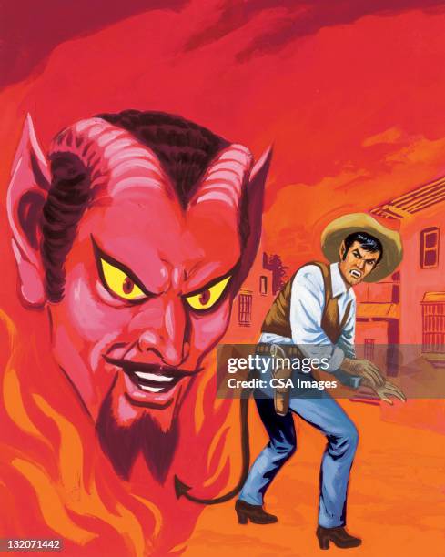 ilustrações, clipart, desenhos animados e ícones de vampire pistoleiro ofertas com o diabo - cowboy hat