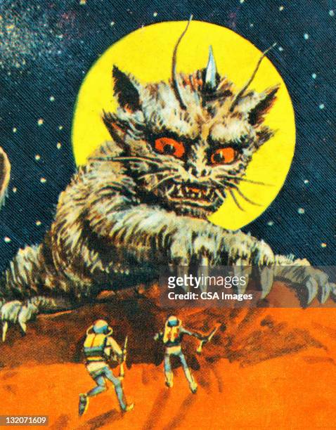 ilustraciones, imágenes clip art, dibujos animados e iconos de stock de alien cat monster - old fashioned