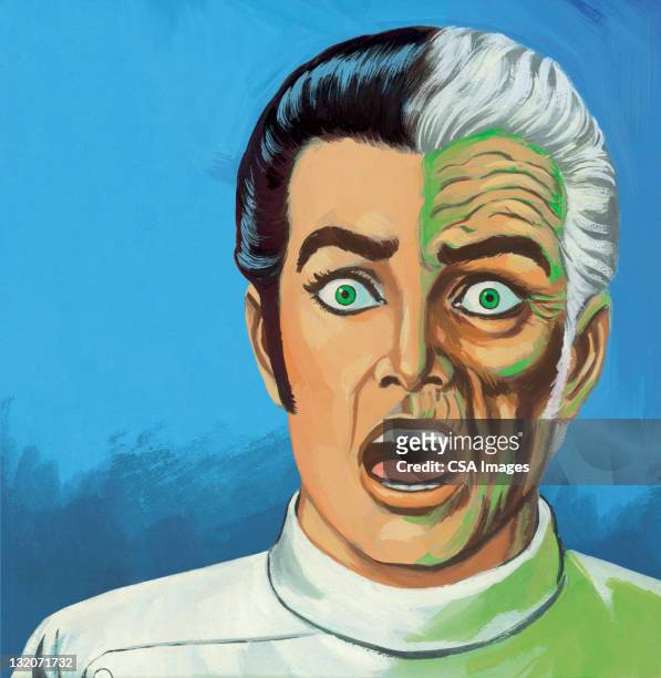 ilustraciones, imágenes clip art, dibujos animados e iconos de stock de media-hombre; media monster - gray hair