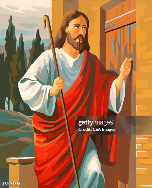 ilustraciones, imágenes clip art, dibujos animados e iconos de stock de jesús tocando a la puerta - llamar a la puerta