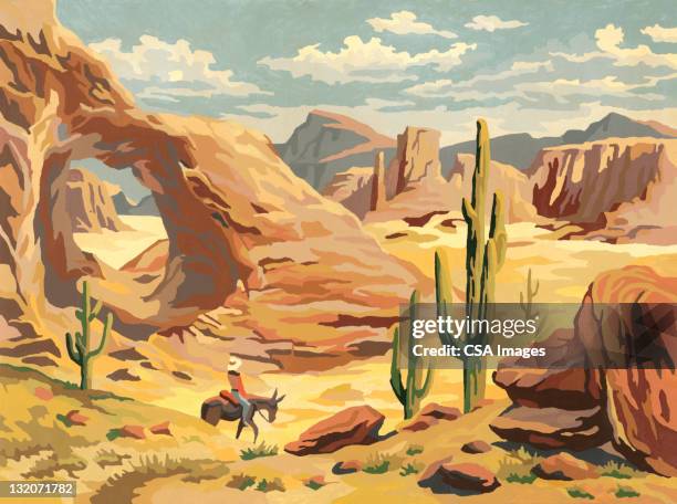 ilustraciones, imágenes clip art, dibujos animados e iconos de stock de paisaje del desierto con cowboy - cacto