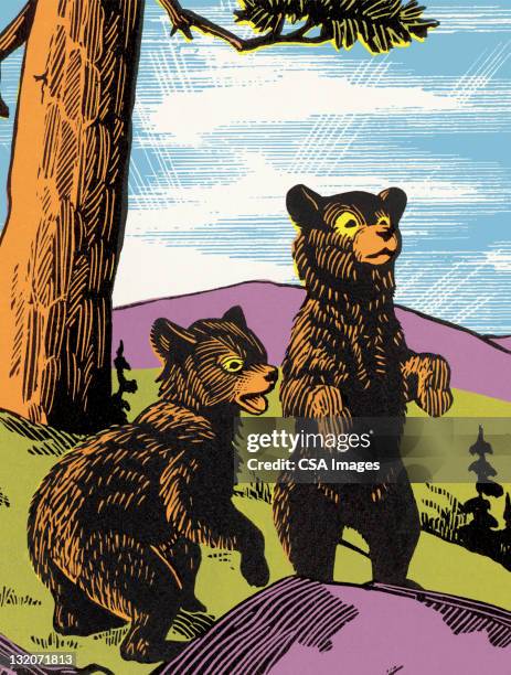 two startled bears - trees trunks stock illustrations