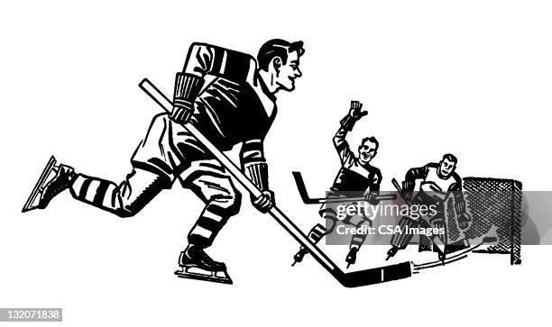 illustrazioni stock, clip art, cartoni animati e icone di tendenza di uomini giocando hockey - hockey skates