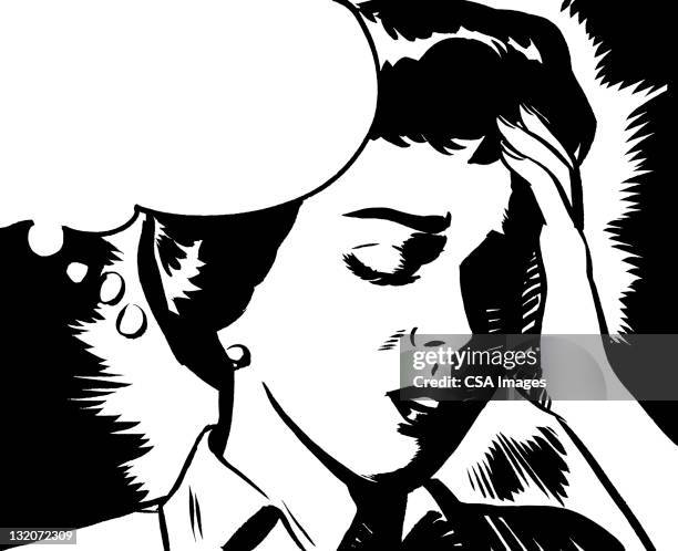 upset woman with thought balloon - updo stock illustrations