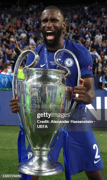 Antonio Rüdiger of Chelsea poses with the Champions League Trophy following their team's victory in the UEFA Champions League Final between...