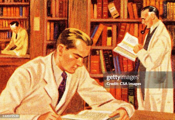 men doing research in library - working seniors stock illustrations