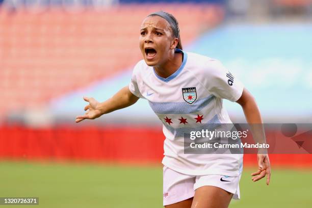 Mallory Pugh of Chicago Red Stars calls out to a ref during the first half against the Houston Dash at BBVA Stadium on May 29, 2021 in Houston, Texas.