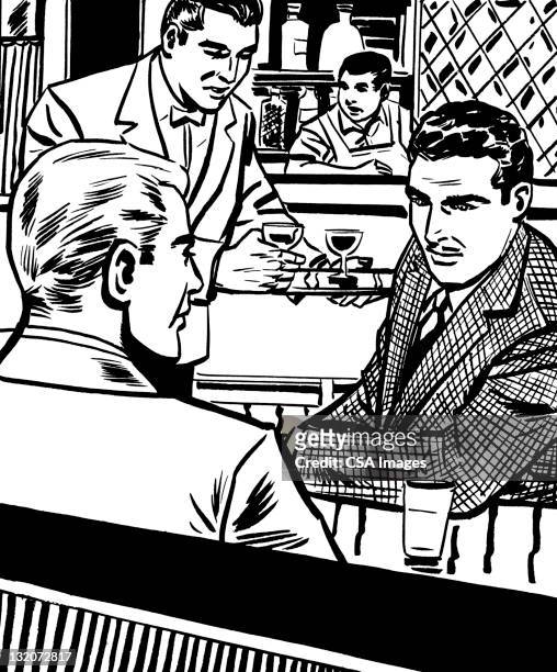 zwei männer sitzen im bar - bartresen stock-grafiken, -clipart, -cartoons und -symbole