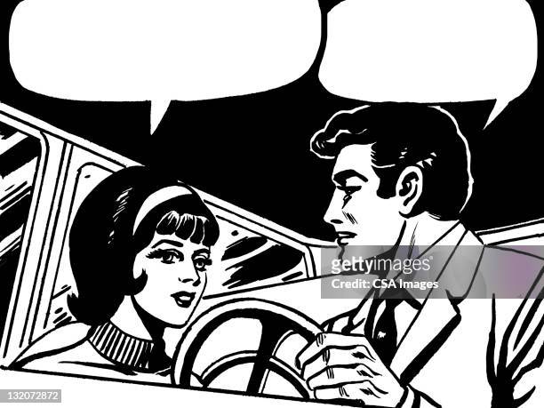 man and woman talking in car with speech balloons - couple with car stock illustrations