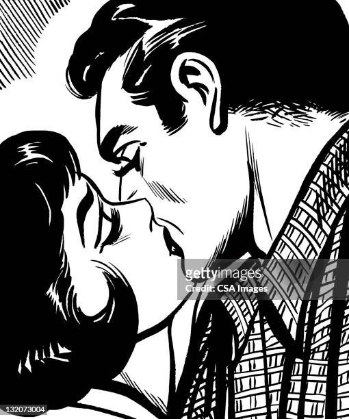 dark haired man and woman kissing - sideburn stock illustrations
