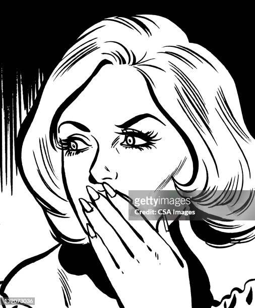 illustrazioni stock, clip art, cartoni animati e icone di tendenza di scioccato donna bionda che copre la bocca - mano sulla bocca