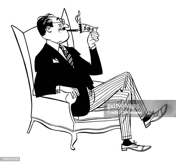 man lighting cigar with money - greed stock illustrations