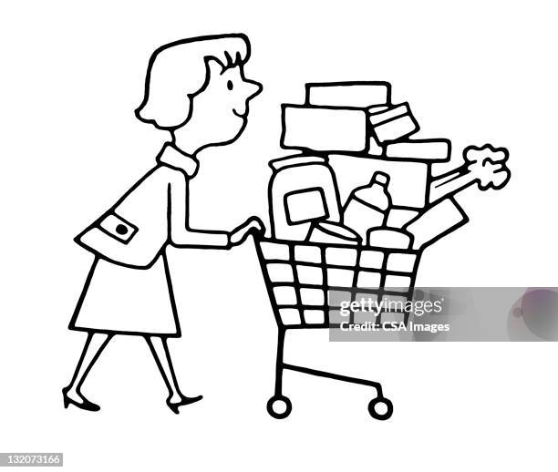 woman pushing overflowing cart - full of shopping carts stock illustrations