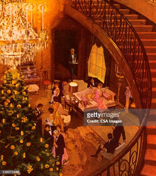 stockillustraties, clipart, cartoons en iconen met view of christmas party - christmas tree