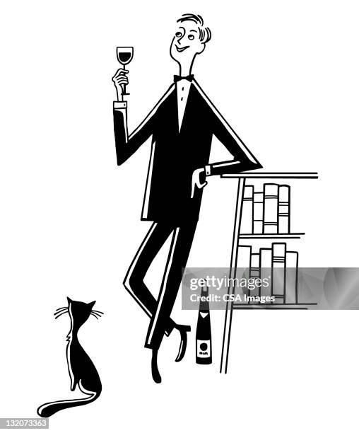 mann trinkt wein mit katze - cat drinking stock-grafiken, -clipart, -cartoons und -symbole