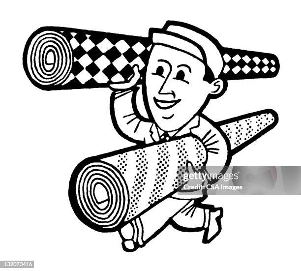 mann mit teppichen - carpet roll stock-grafiken, -clipart, -cartoons und -symbole