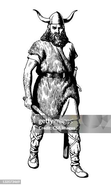 viking mann hält club - viking helmet stock-grafiken, -clipart, -cartoons und -symbole