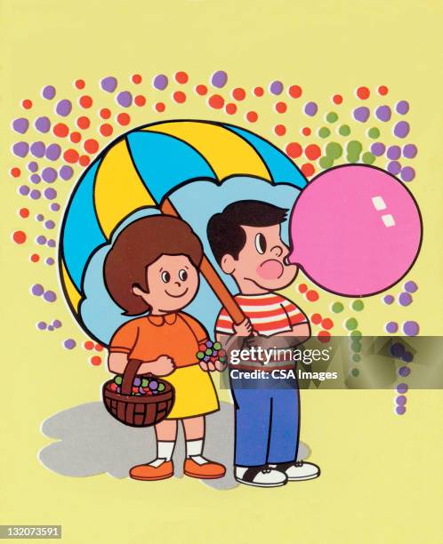 children under umbrella - bubble gum stock illustrations