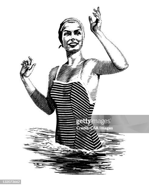 frau im wasser winken - see stock-grafiken, -clipart, -cartoons und -symbole