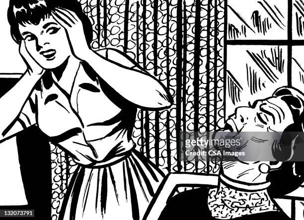 ilustraciones, imágenes clip art, dibujos animados e iconos de stock de joven mujer con las manos en la cabeza y edad avanzada lady con cabeza hacia atrás - head back