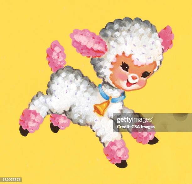 pink and white lamb frolicking - funny sheep stock illustrations