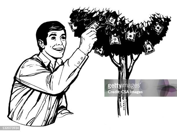 man picking money from tree - pennies from heaven stock illustrations