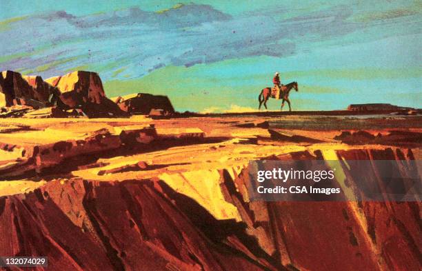 cowboy und pferd auf der klippe - wild west stock-grafiken, -clipart, -cartoons und -symbole