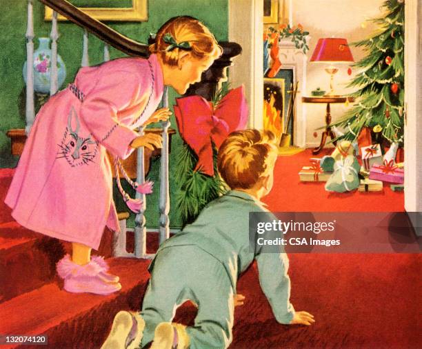 illustrations, cliparts, dessins animés et icônes de enfants de noël le matin - vintage illustration