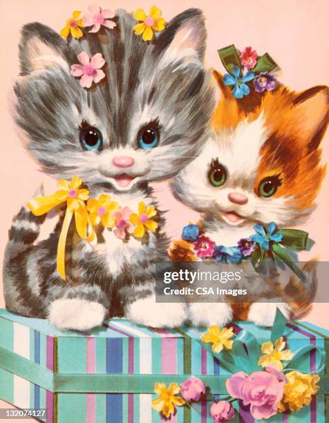 kittens on gift - two animals stock illustrations