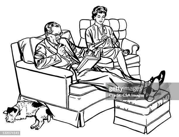 couple relaxing in chairs - footstool stock illustrations