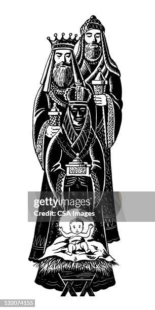 three wiseman with baby jesus - nativity scene white background stock illustrations