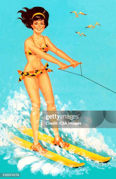 woman waterskiing - water skiing stock illustrations