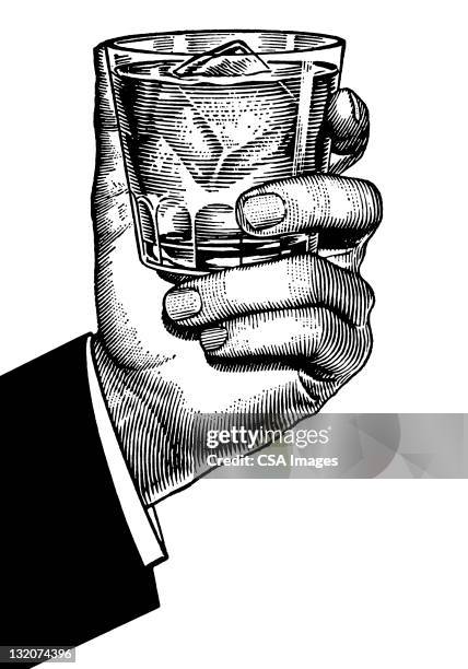 hand holding low ball glass - old fashioned drink stock illustrations