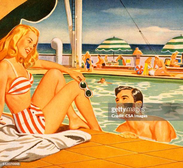 frau und mann flirten im pool - women swimming pool retro stock-grafiken, -clipart, -cartoons und -symbole