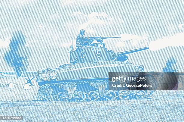 wwii m5 stuart tank firing weapons on omaha beach - allied forces stock illustrations