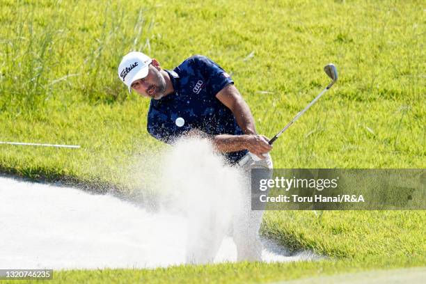 Michael Hendry of New Zealand hits out from a bunker on the 18th hole during The Mizuno Open at JFE Setonaikai Golf Club on May 30, 2021 in Kasaoka,...