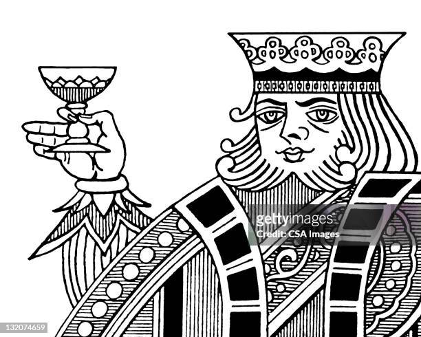 stockillustraties, clipart, cartoons en iconen met king holding drink - king card