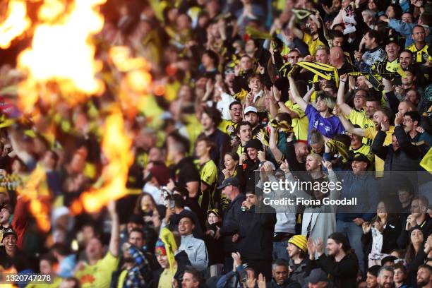 Fans react during the A-League match between the Wellington Phoenix and Perth Glory at Eden Park, on May 30 in Auckland, New Zealand.