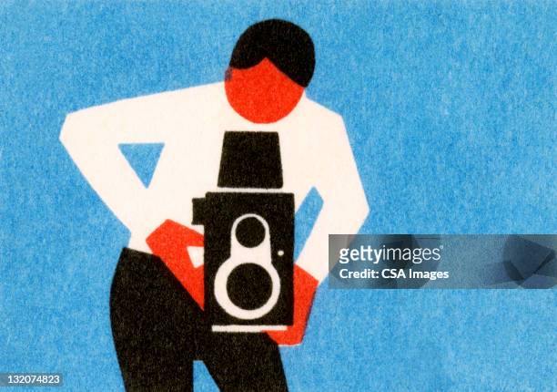 ilustrações de stock, clip art, desenhos animados e ícones de homem com câmera antiga timey - camera stand