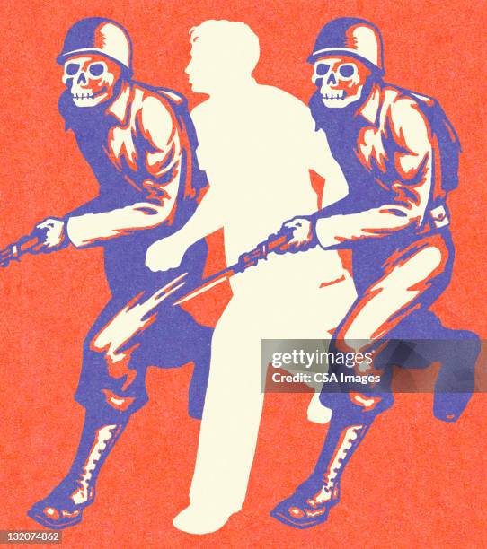 man running with skeleton soldiers - army soldier helmet stock illustrations