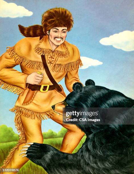 stockillustraties, clipart, cartoons en iconen met mountain man and bear - bear attacking