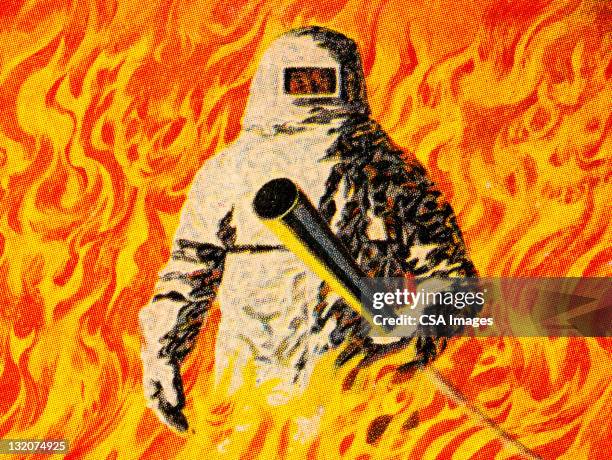 man standing in fire - vintage fire extinguisher stock illustrations