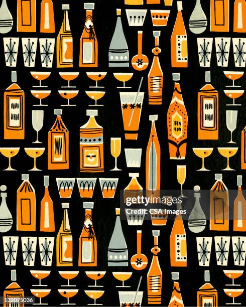 stockillustraties, clipart, cartoons en iconen met cocktails and liquor bottle pattern - happy hour vintage